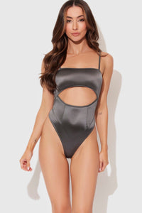 House of Desire Zoe Slick Cutout Scoop Back Bodysuit in Grey  from SexyShoes.com