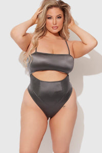 House of Desire Zoe Slick Cutout Scoop Back Bodysuit in Grey