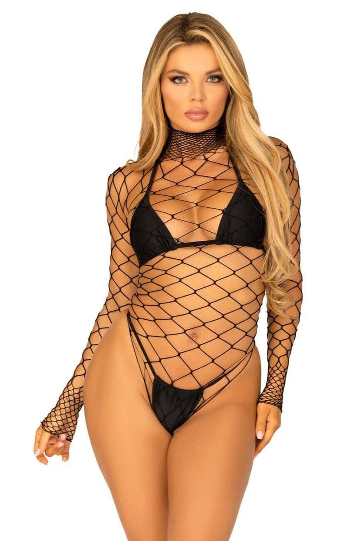 High Neck Fence Net Long Sleeved Bodysuit W/Snap Crotch Thong Panty-Bodysuits-SEXYSHOES.COM