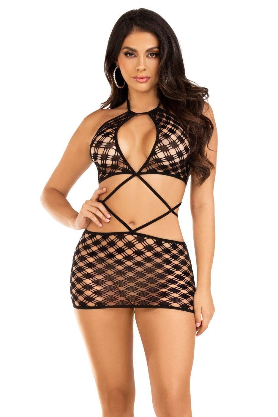 Keyhole Halter Hardcore Net Mini Dress-Stripper Dresses-SEXYSHOES.COM