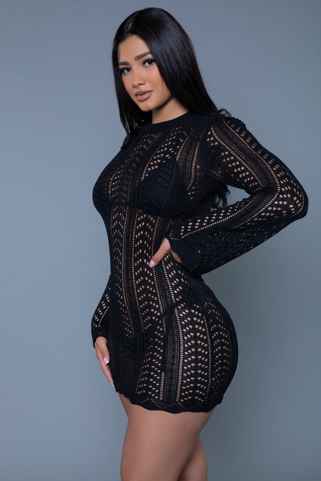 Kinsley Long Sleeved Crochet Mini Coverup-Stripper Dresses-SEXYSHOES.COM
