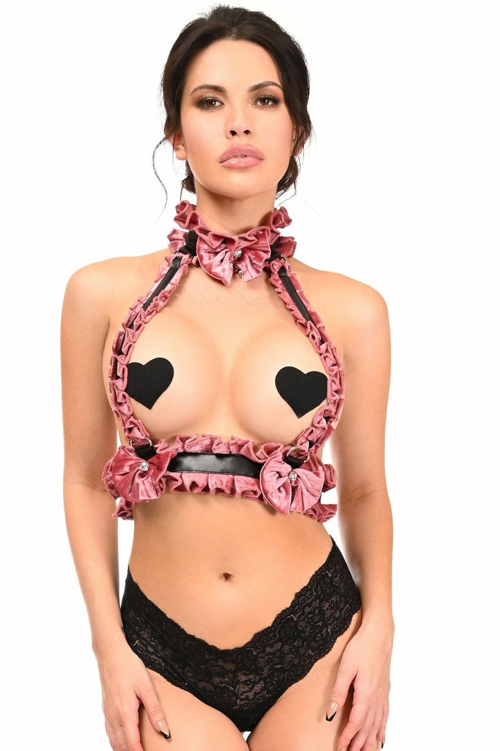 Kitten Collection Dusty Rose Velvet Double Strap Body Harness-Body Harness-SEXYSHOES.COM