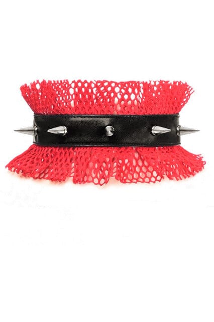 Kitten Collection Red/Black Fishnet Spike Choker-Cuffs + Chokers-SEXYSHOES.COM