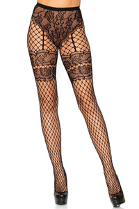 Leg Avenue Lace French Cut Faux Garter Industrial Net Tights in Black  from SexyShoes.com