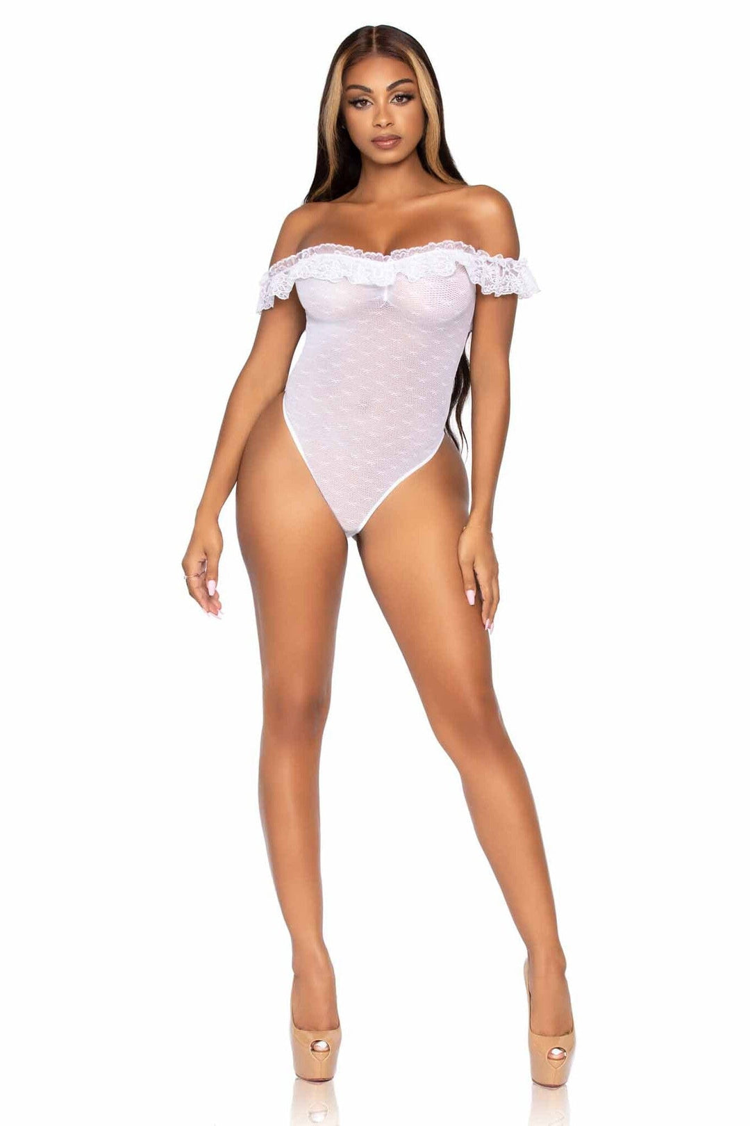 Lace Ruffle Off The Shoulder Teddy W/Woven Point D'Esprit Detail & Snap Crotch-Teddies-SEXYSHOES.COM