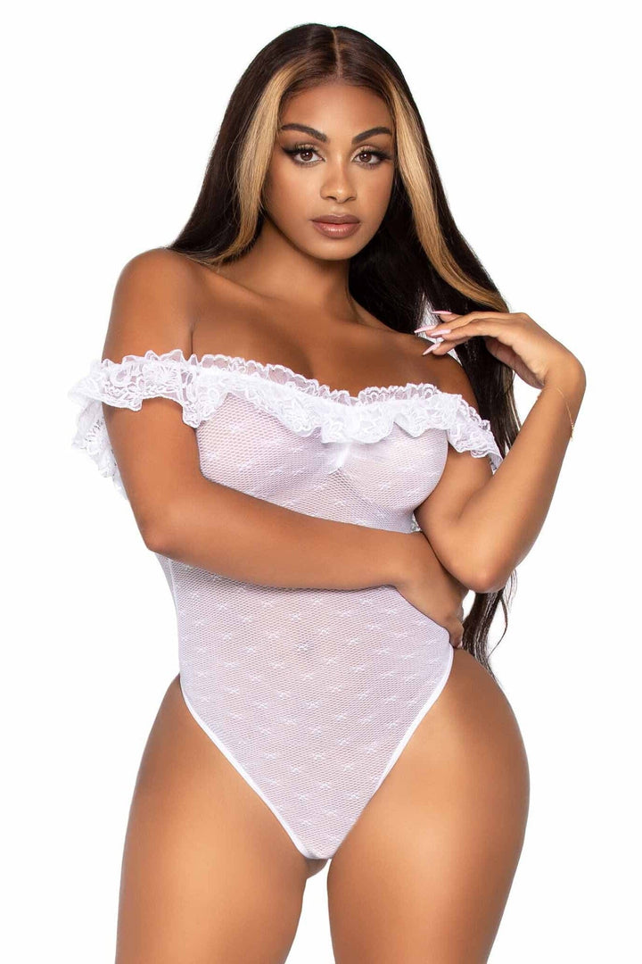 Lace Ruffle Off The Shoulder Teddy W/Woven Point D'Esprit Detail & Snap Crotch-Teddies-SEXYSHOES.COM