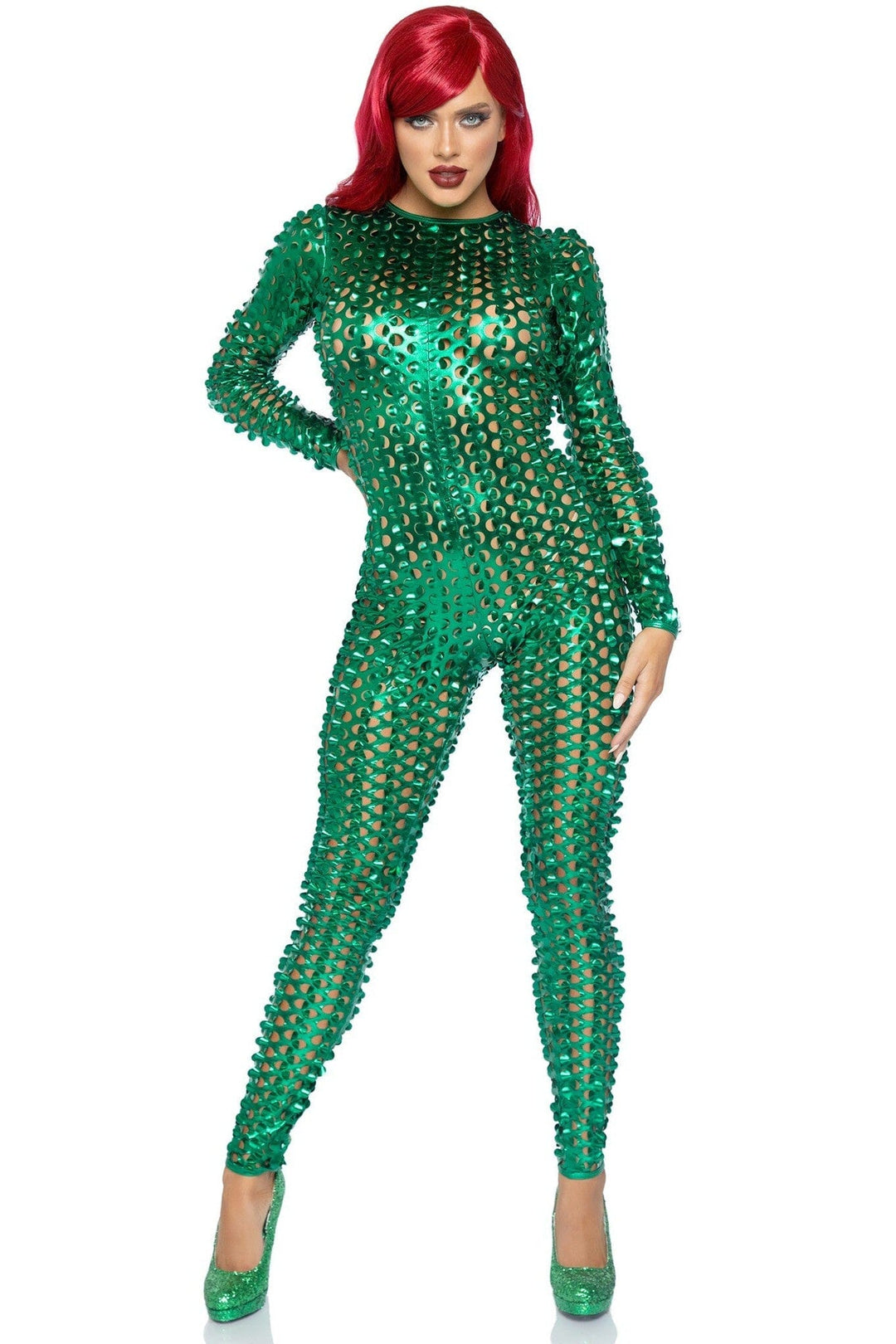 Leg Avenue Laser Cut Metallic Catsuit in Green  from SexyShoes.com