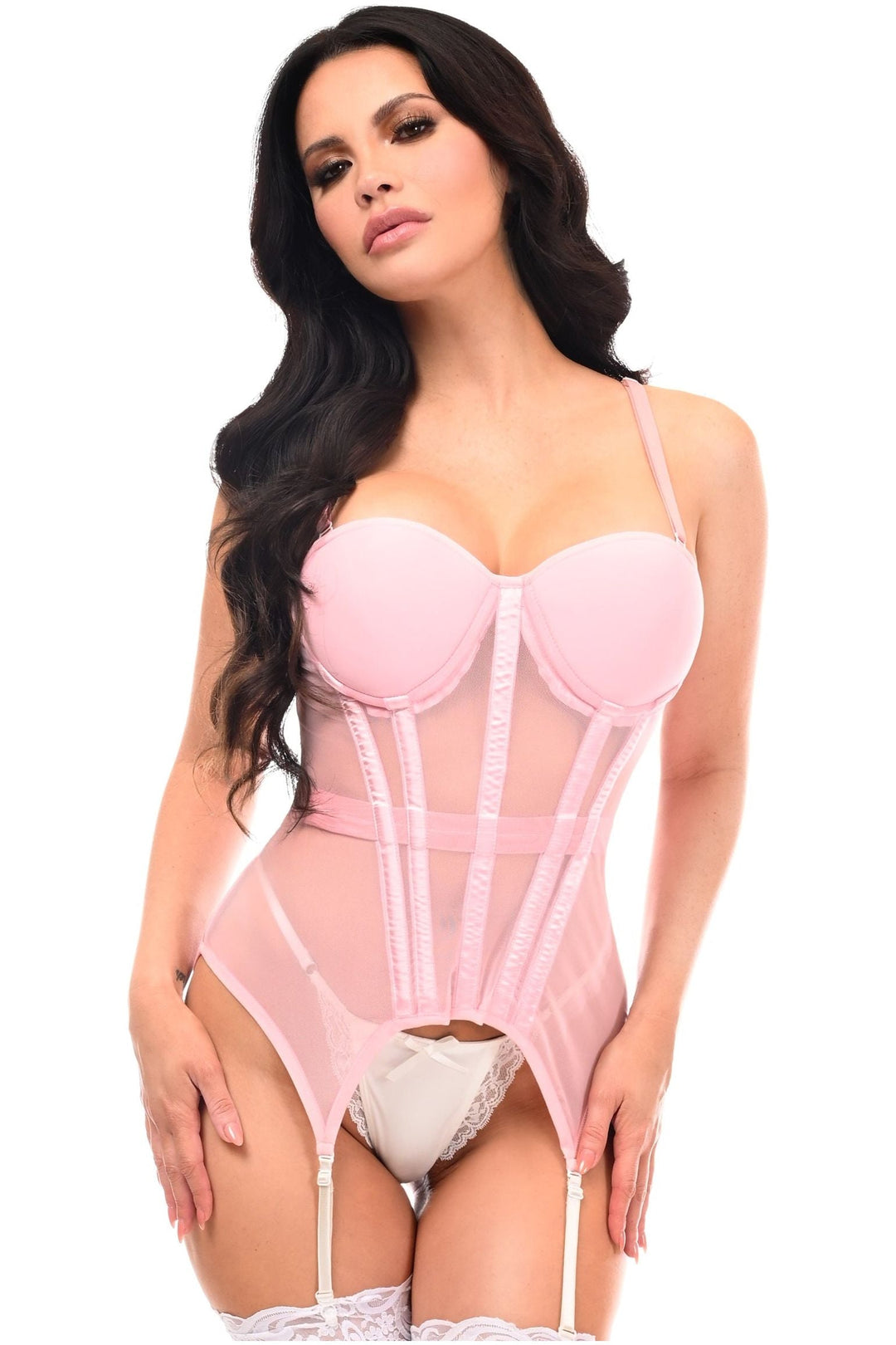 Lavish Lt Pink Mesh Underwire Bustier Corset w/Garters-Bustier Corsets-SEXYSHOES.COM