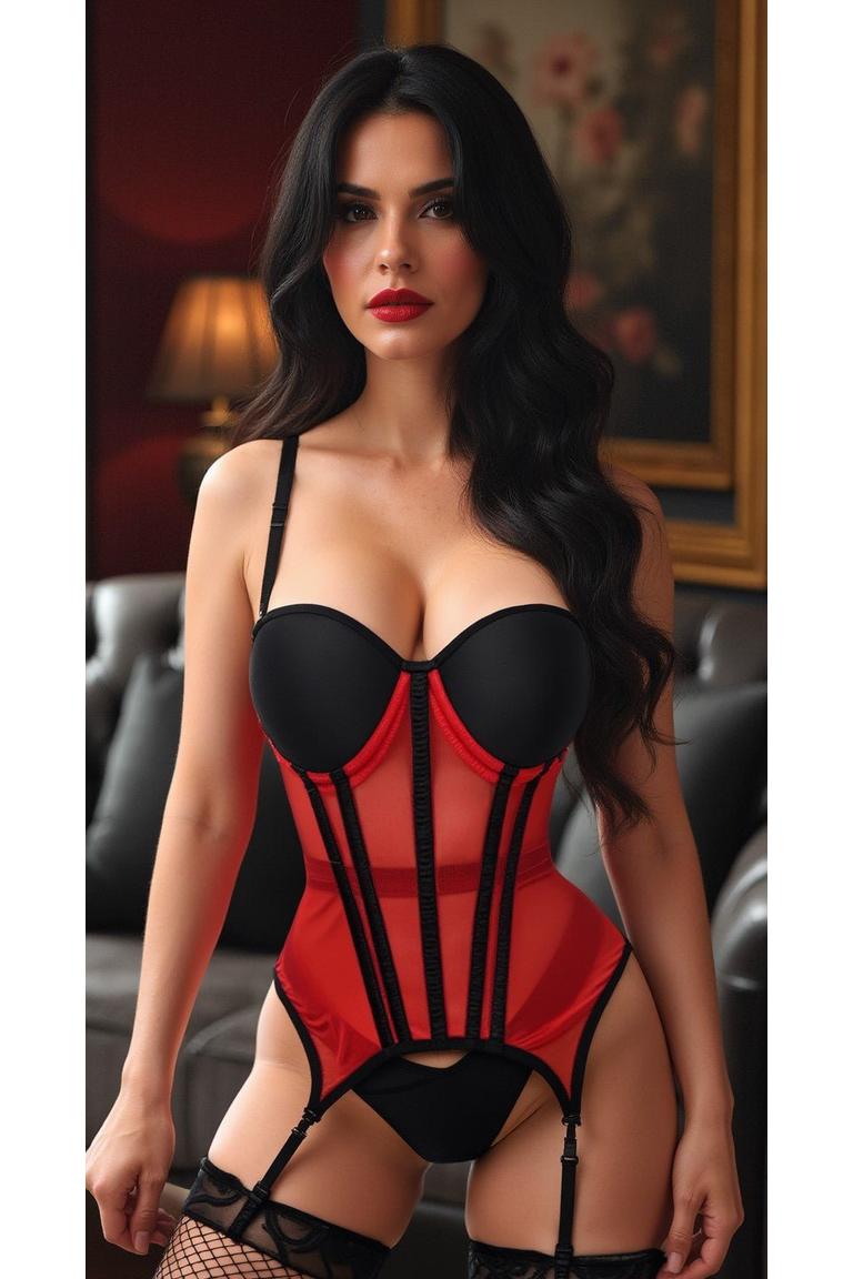 Daisy Corsets Lavish Red/Black Mesh Underwire Bustier Corset w/Garters in Red  from SexyShoes.com