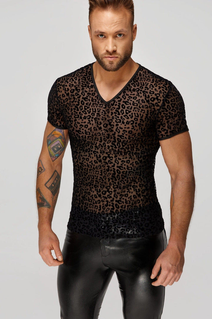 Leopard Flock V-Neck T-Shirt-Fetish Tops-SEXYSHOES.COM