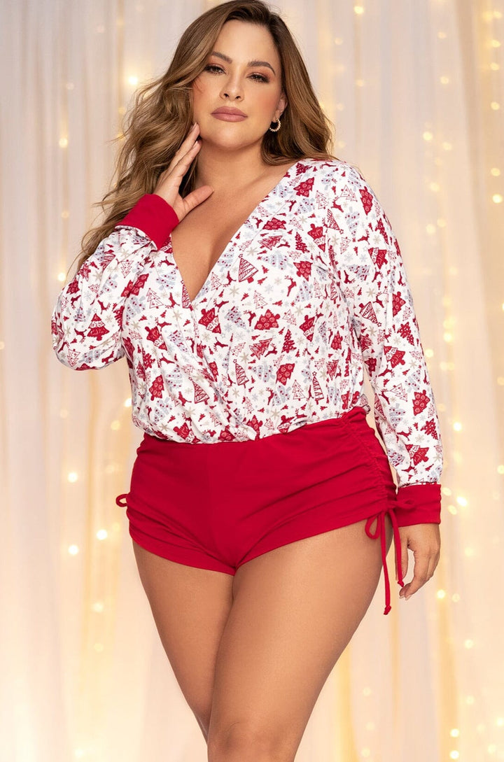 Long Sleeve Sleep Romper with Side Drawstrings-Lingerie Romper-SEXYSHOES.COM