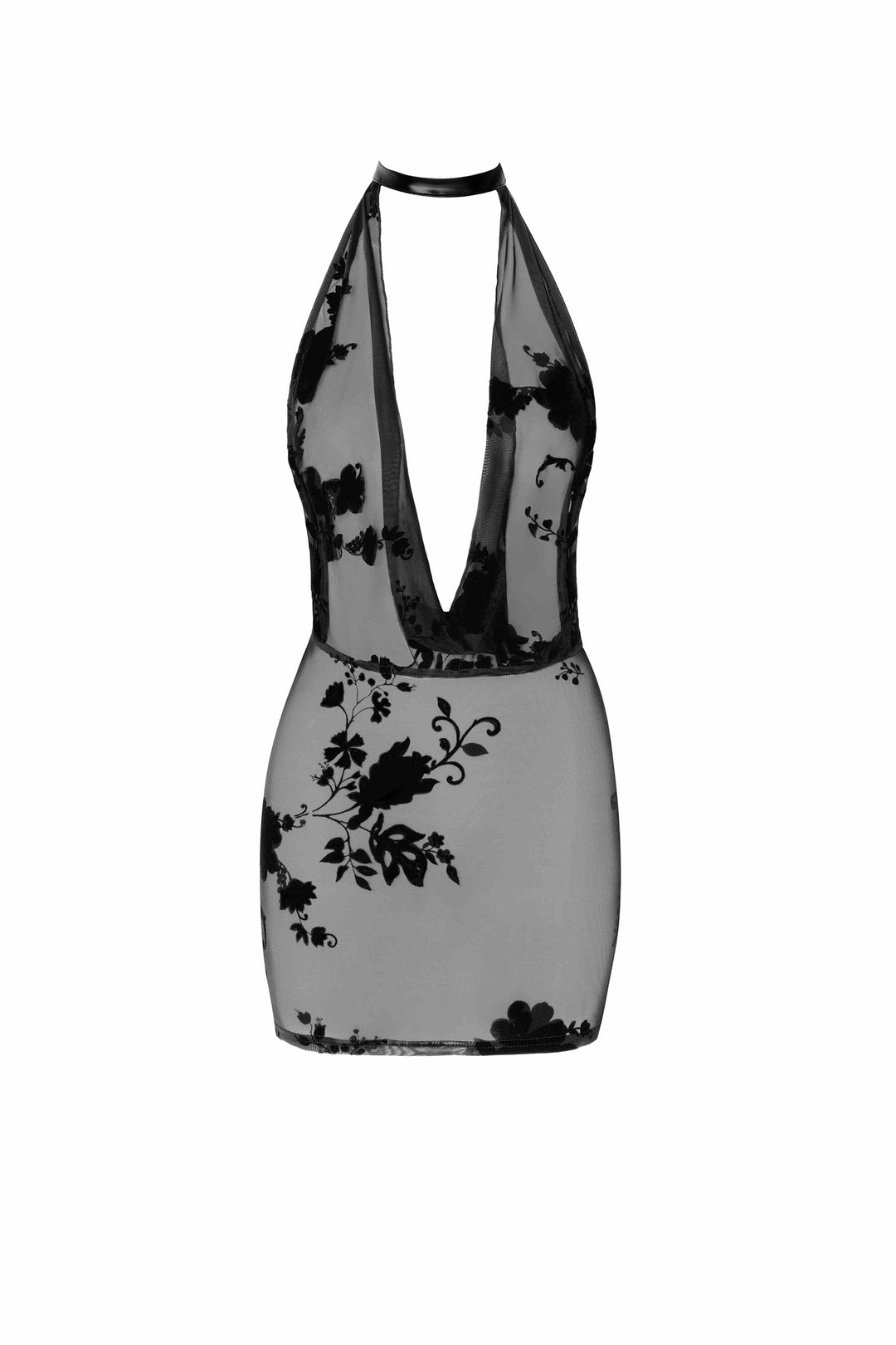 Mythos Mini Flocked Mesh Dress With Jewelry Rhinestone Chain-Edgy Dresses-SEXYSHOES.COM