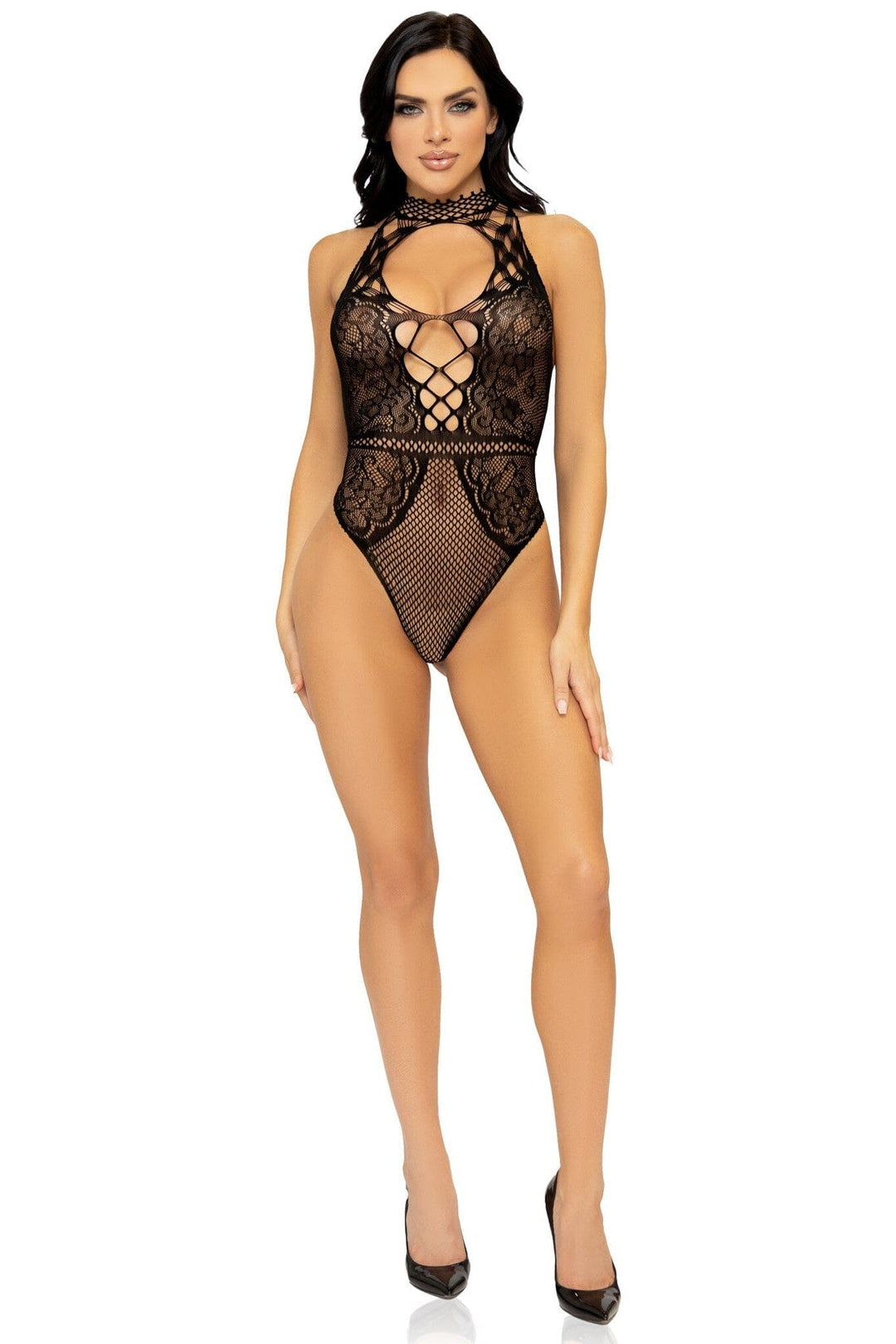 Net And Lace Keyhole Halter Bodysuit-Bodysuits-SEXYSHOES.COM