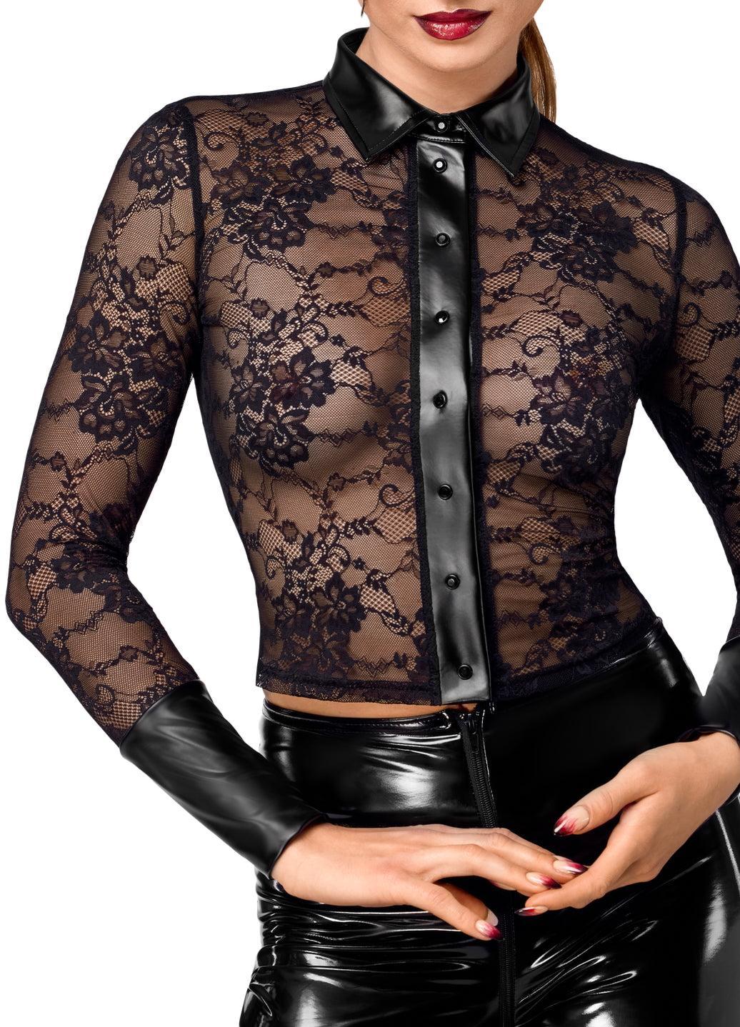 Noirelle Lace Button-up Shirt-Fetish Tops-SEXYSHOES.COM
