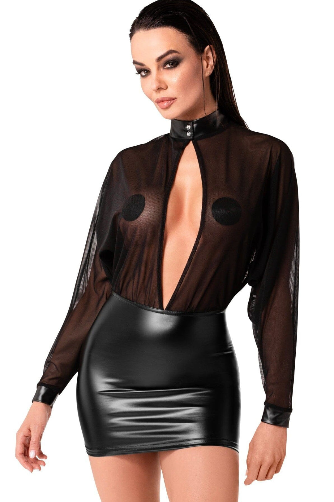 Opium Power Wetlook And Tulle Mini Dress-Edgy Dresses-SEXYSHOES.COM