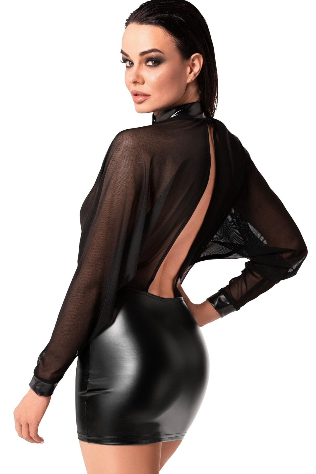 Opium Power Wetlook And Tulle Mini Dress-Edgy Dresses-SEXYSHOES.COM