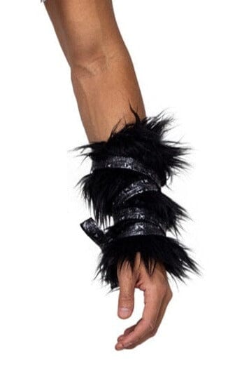 Pair of Black Faux Fur Cuffs with Strap Detail-Costume Armwear-SEXYSHOES.COM