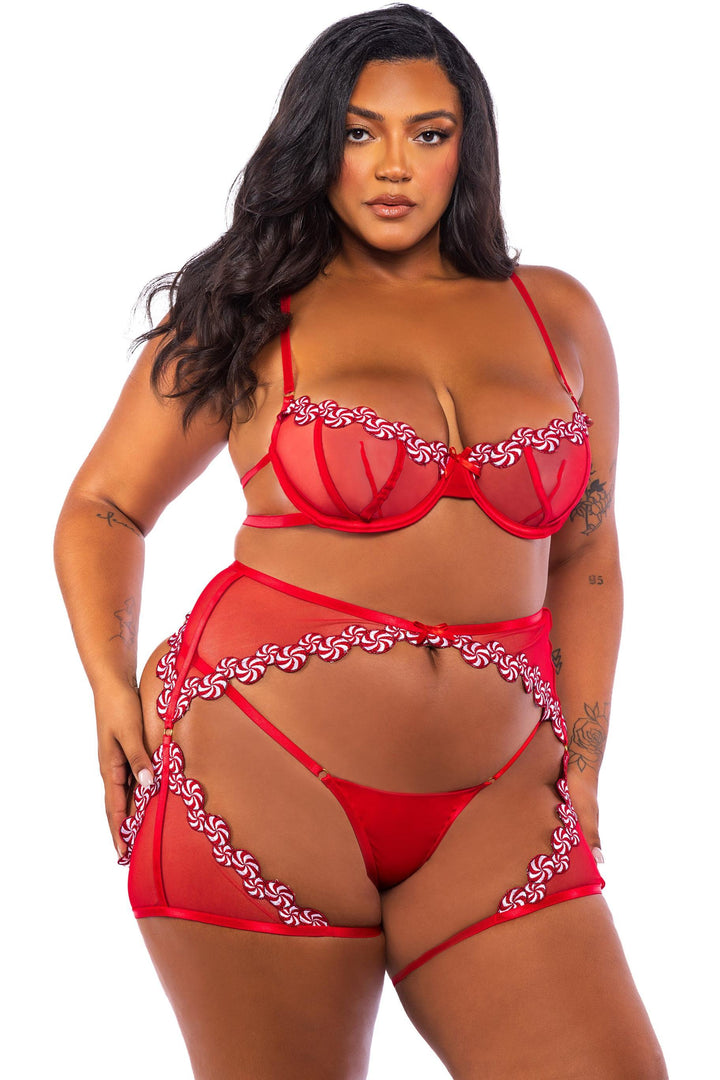Peppermint Kiss 3-Piece Chaps Set-Lingerie Sets-SEXYSHOES.COM