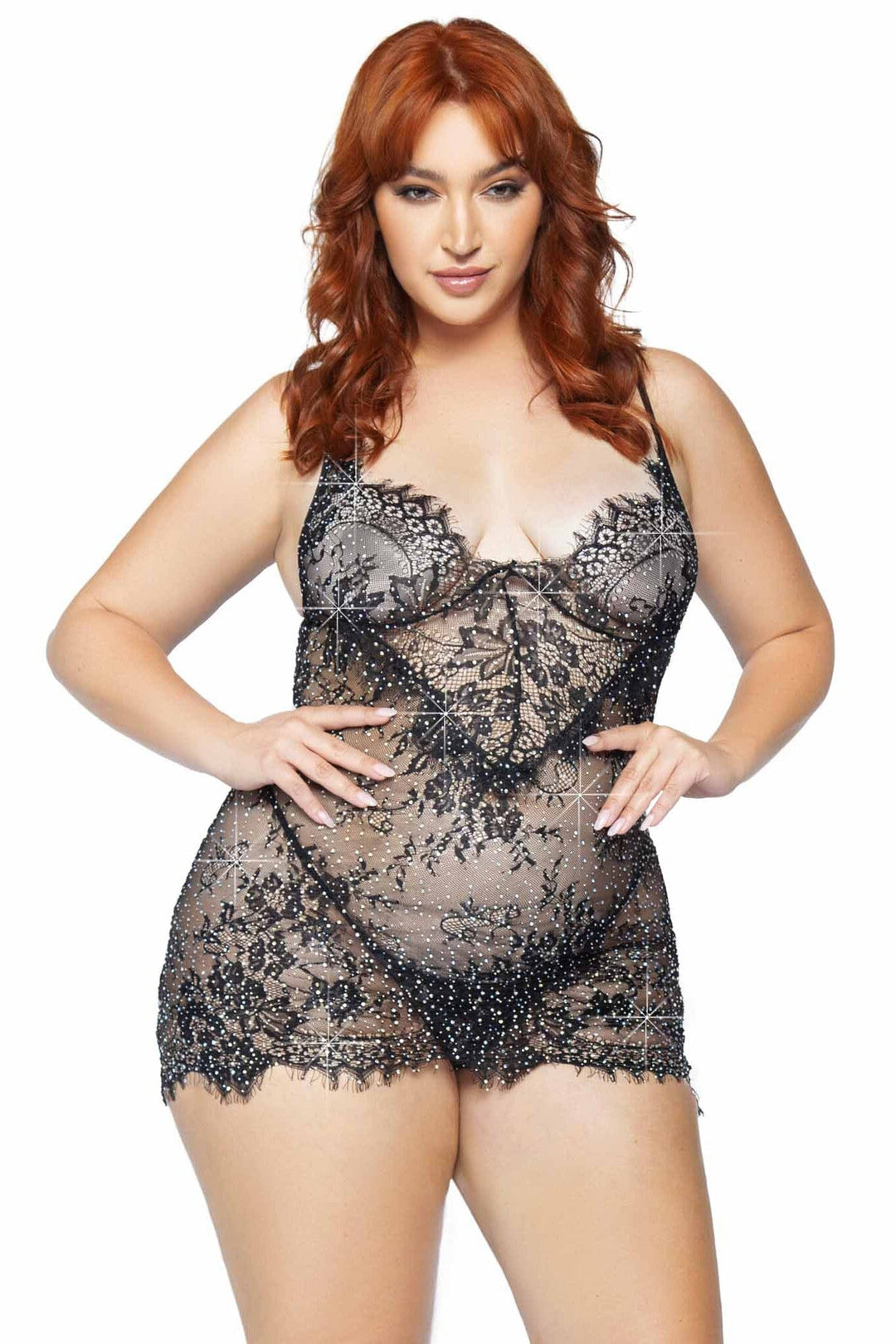 Plus 2 Piece Eyelash Lace Rhinestone Backless Mini Dress Set-Stripper Dresses-SEXYSHOES.COM