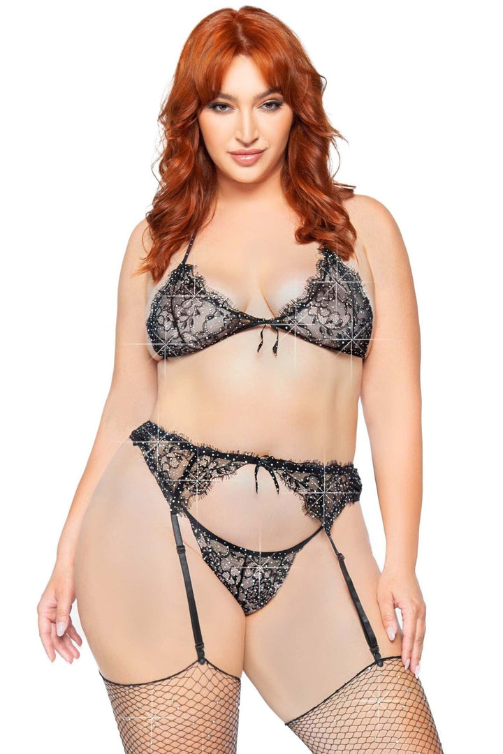 Plus Size 3 Piece Rhinestone Lace Bra Top Set With Garter Belt & G-String-Lingerie Sets-SEXYSHOES.COM