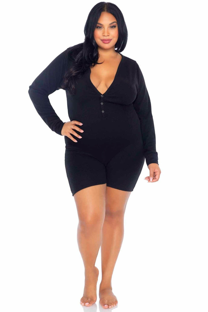 Plus Size Brushed Rib Romber Long Johns, Snap Closure Back Flap-Lingerie Romper-SEXYSHOES.COM