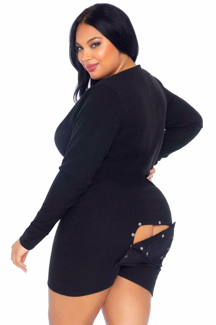 Plus Size Brushed Rib Romber Long Johns, Snap Closure Back Flap-Lingerie Romper-SEXYSHOES.COM
