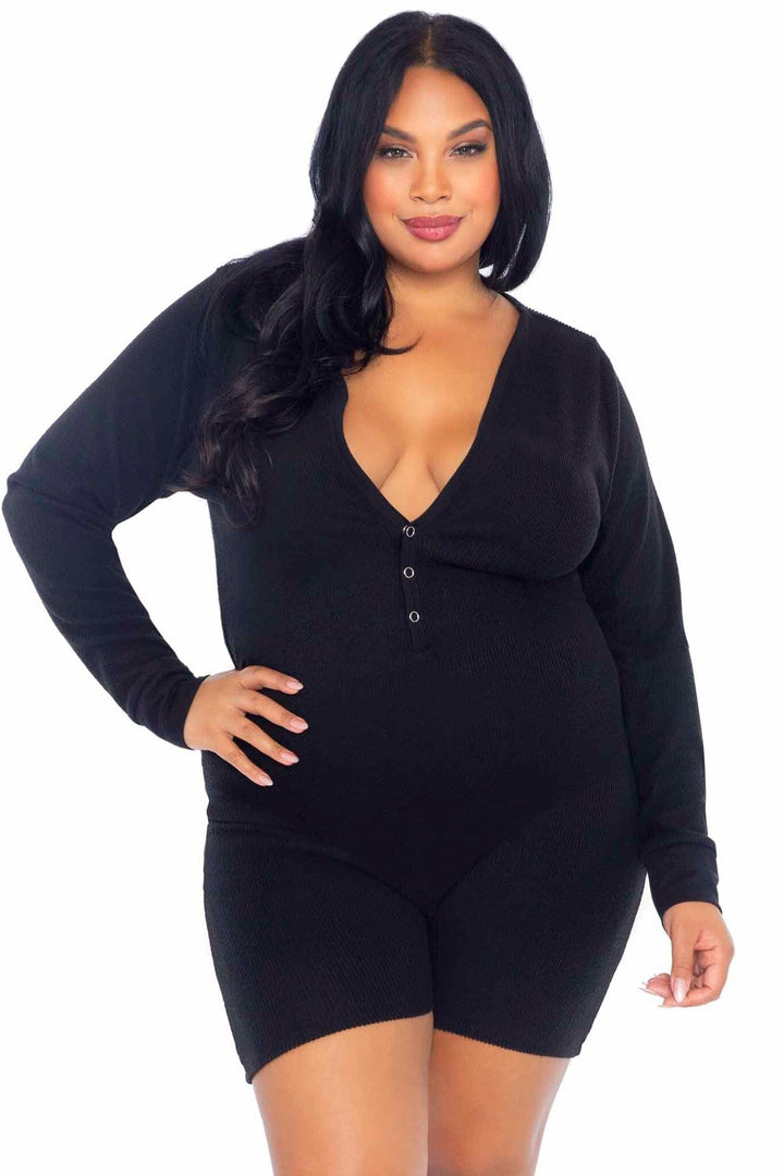 Plus Size Brushed Rib Romber Long Johns, Snap Closure Back Flap-Lingerie Romper-SEXYSHOES.COM