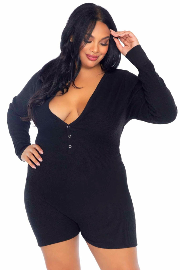 Plus Size Brushed Rib Romber Long Johns, Snap Closure Back Flap-Lingerie Romper-SEXYSHOES.COM