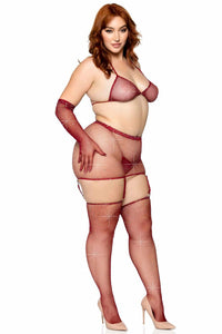 Plus Size Rhinestone Fishnet Garter Skirt Set W/Bikini Top & Accessories-Lingerie Sets-SEXYSHOES.COM