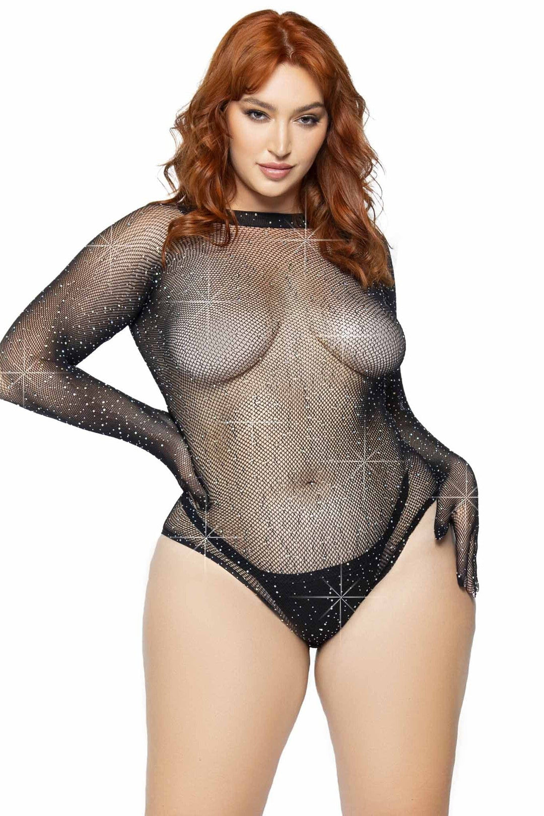 Plus Size Rhinestone Fishnet Gloved Bodysuit With Snap Crotch-Bodysuits-SEXYSHOES.COM