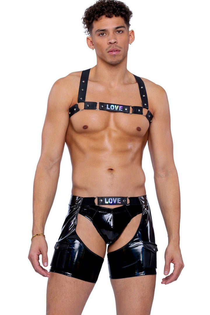 Pride Vinyl Chaps with Light-Up LOVE Strap & Snap Pocket Pouches