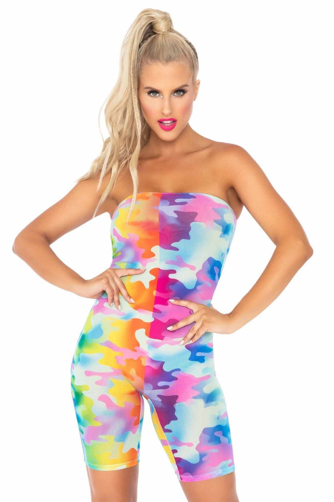 Rainbow Camo Mesh Strapless Romper-Dancewear Rompers-SEXYSHOES.COM