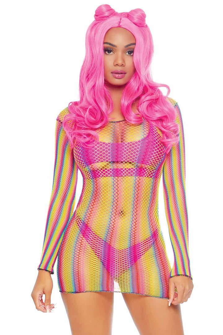 Rainbow Fishnet Long Sleeved Mini Dress-Stripper Dresses-SEXYSHOES.COM