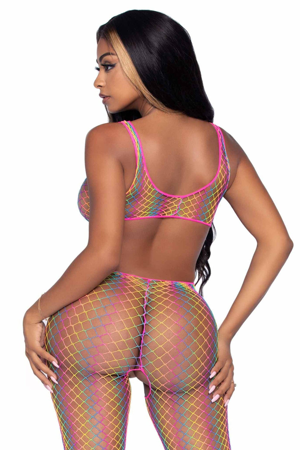 Rainbow Net Cut-Out Footless Tank Bodystocking-Bodystockings-SEXYSHOES.COM