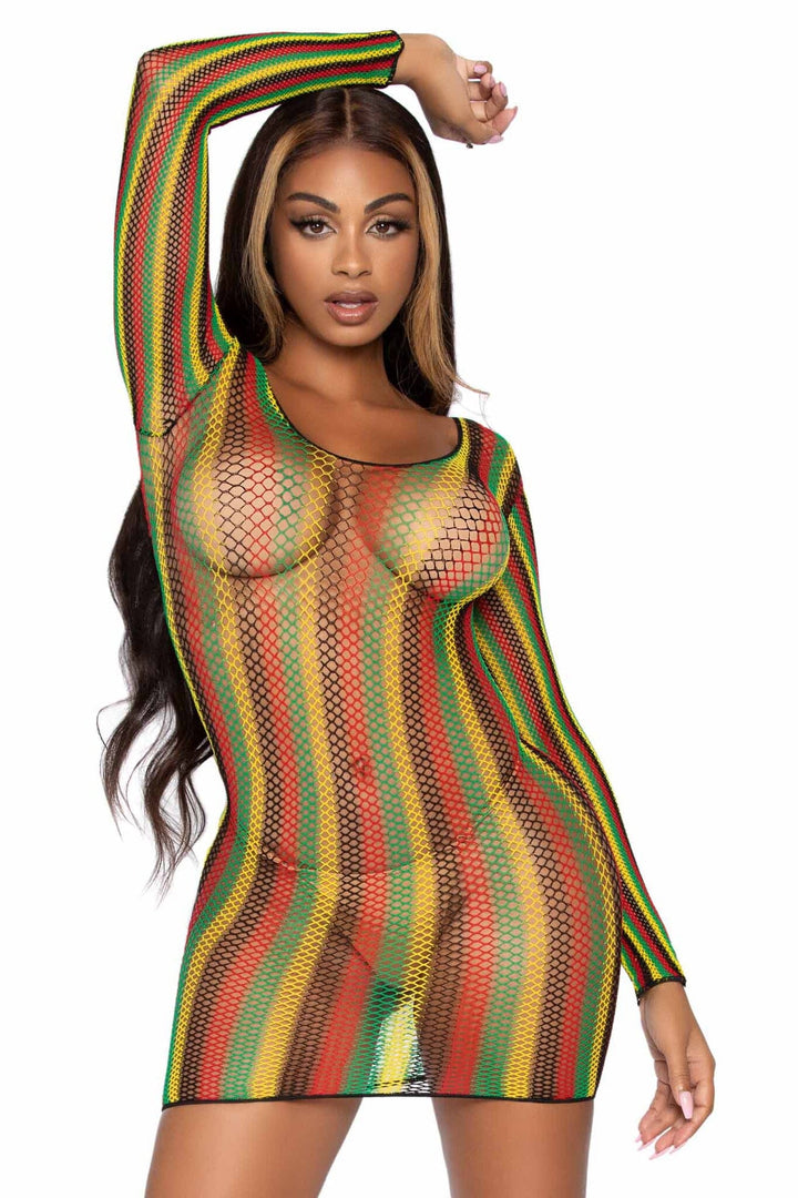 Rasta Net Long Sleeve Mini Dress-Stripper Dresses-SEXYSHOES.COM