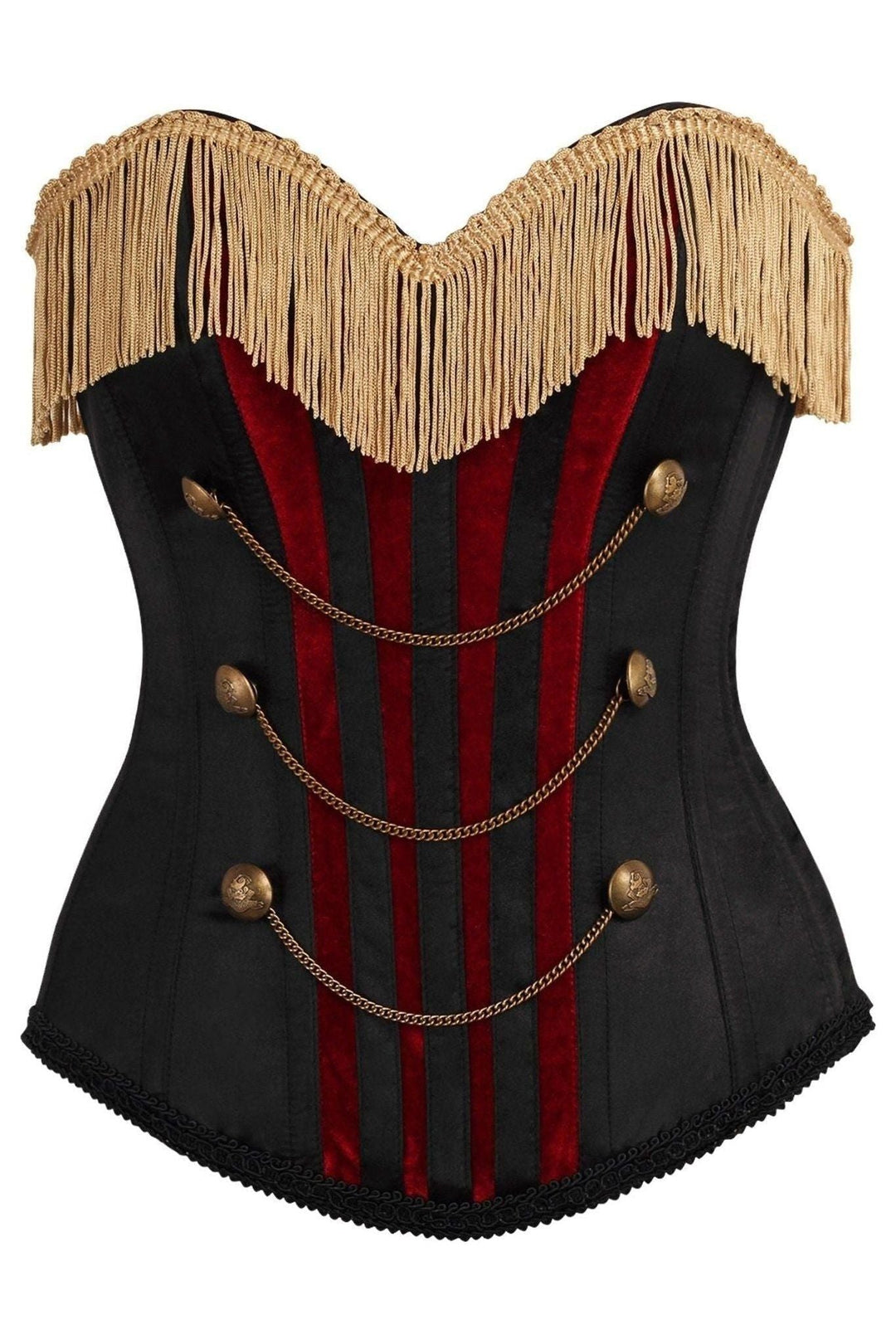 Top Drawer Burlesque Black/Dark Red Steel Boned Corset w/Gold Fringe-Overbust Corsets-SEXYSHOES.COM