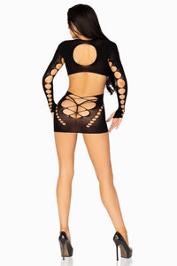Seamless Cut-Out Long Sleeve Mini Dress, Faux Lace-Up-Stripper Dresses-SEXYSHOES.COM