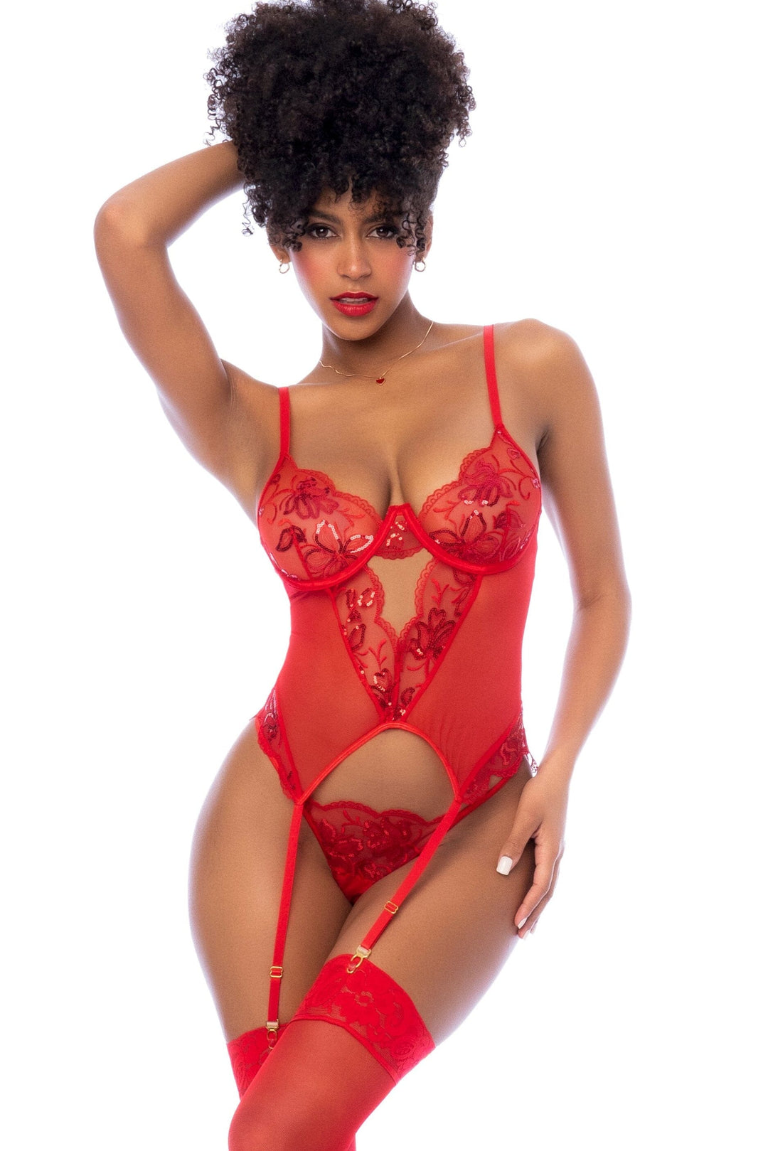 Mapale Sequin Embroidered Bustier with Lace Up Back in Red  from SexyShoes.com