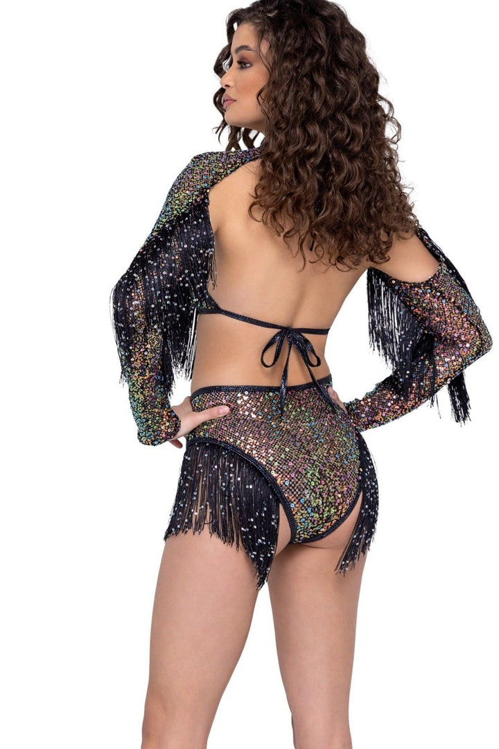 Sequin Fishnet Shrug with Fringe Detail-Sexy Tops-SEXYSHOES.COM