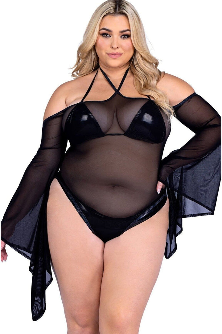 Sheer Mesh Romper with Bell Sleeves-Dancewear Rompers-SEXYSHOES.COM