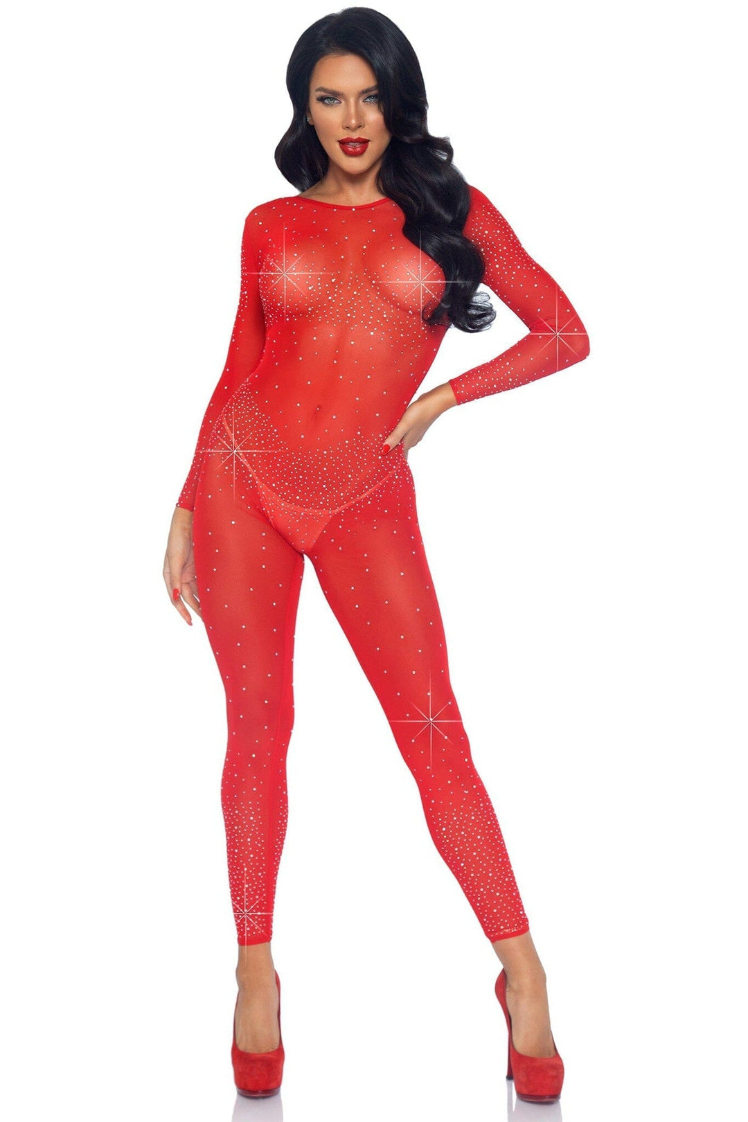 Leg Avenue Sheer Rhinestone Catsuit in Red  from SexyShoes.com