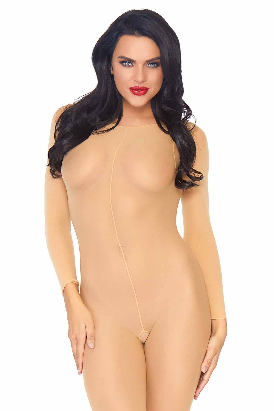 Leg Avenue Sheer Seemless Long Sleeved Bodystocking in Nude  from SexyShoes.com