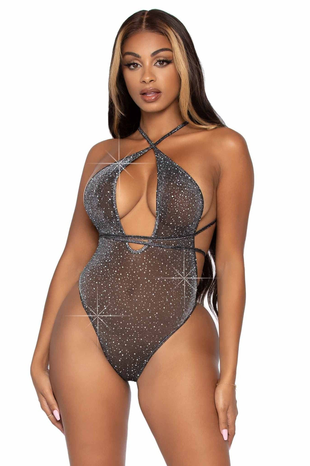 Shimmer Sheer Lurex Rhinestone Teddy With Thong Back & Convertible Wrap-Around Straps-Teddies-SEXYSHOES.COM