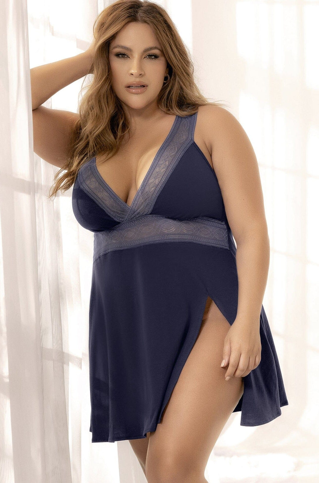 Mapale Sleep Chemise with Lace Details in Blue  from SexyShoes.com