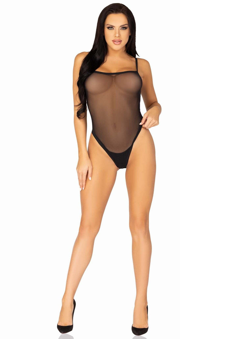 Snap Crotch Mesh Cami Bodysuit, Adjustable Straps, Thong Back-Bodysuits-SEXYSHOES.COM