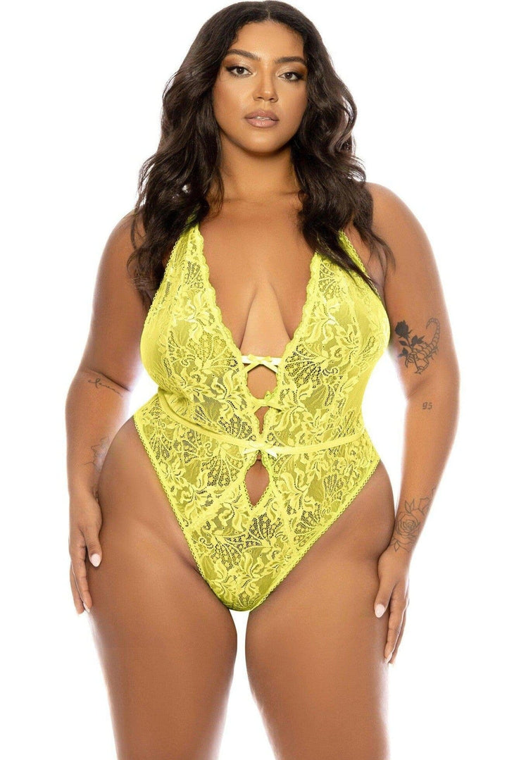 Soft Cup Lace Teddy with Open Gusset and Open Back | Plus Size Yellow-Teddies-SEXYSHOES.COM