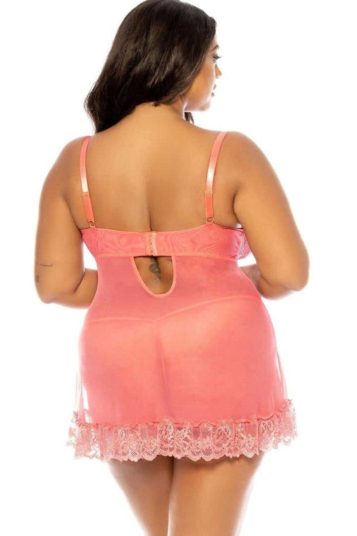 Soft Cup Lacey Babydoll with Bows and G-String | Plus Size Pink-Babydolls-SEXYSHOES.COM