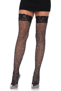 Leg Avenue Stay Up Lace Top Lurex Cable Net Thigh Highs in Black  from SexyShoes.com