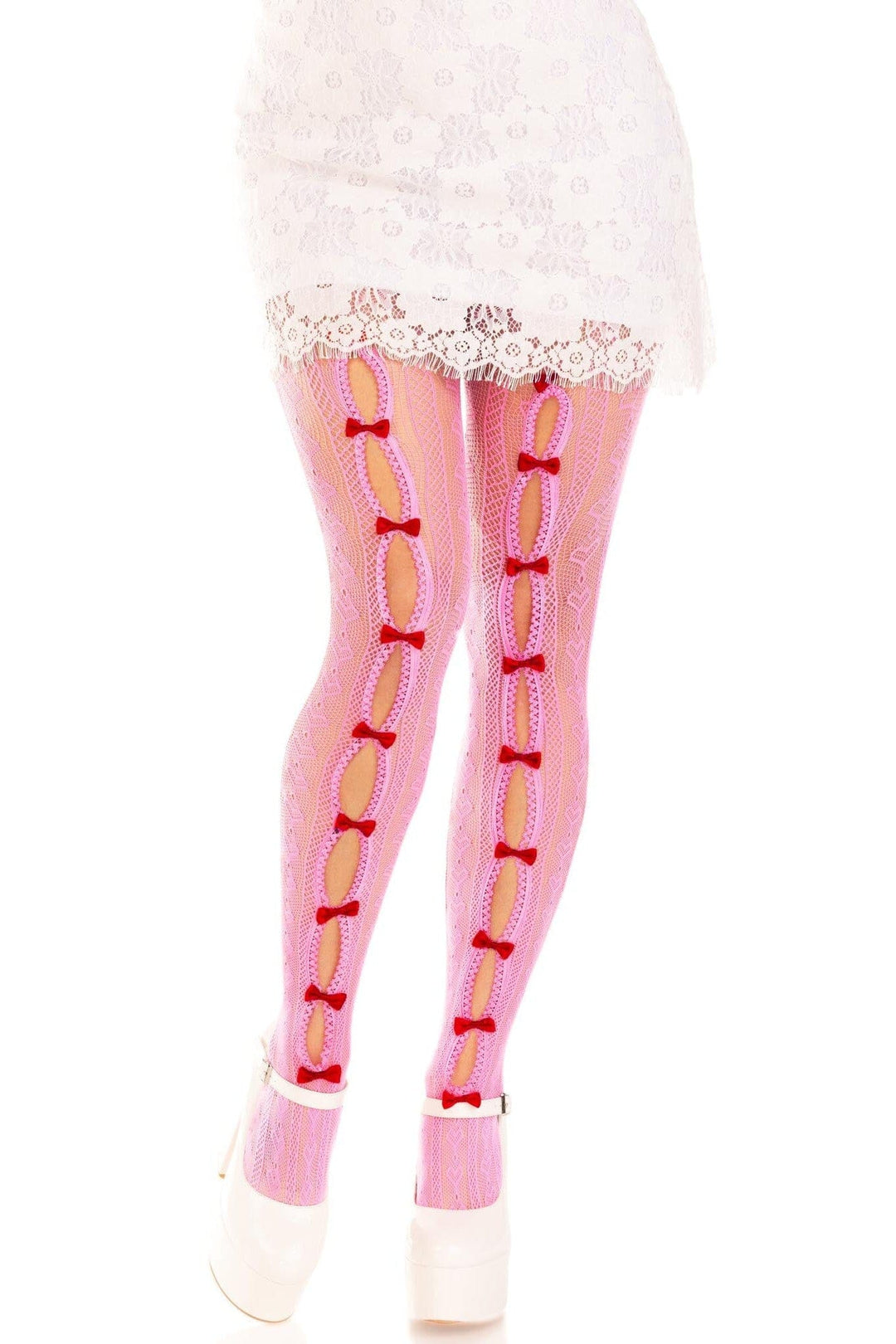 Sweetheart Striped Net Tights, Keyhole, Mini Bow Detail