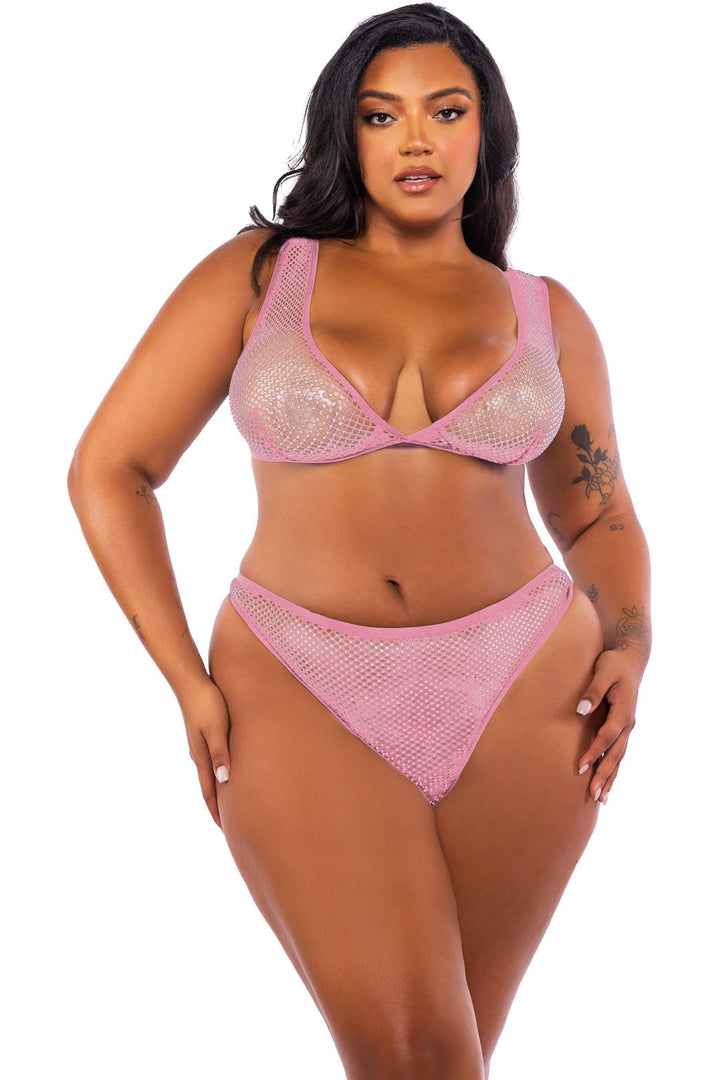 Think Pink Rhinestone Bralette 2-Piece Short Set-Lingerie Sets-SEXYSHOES.COM
